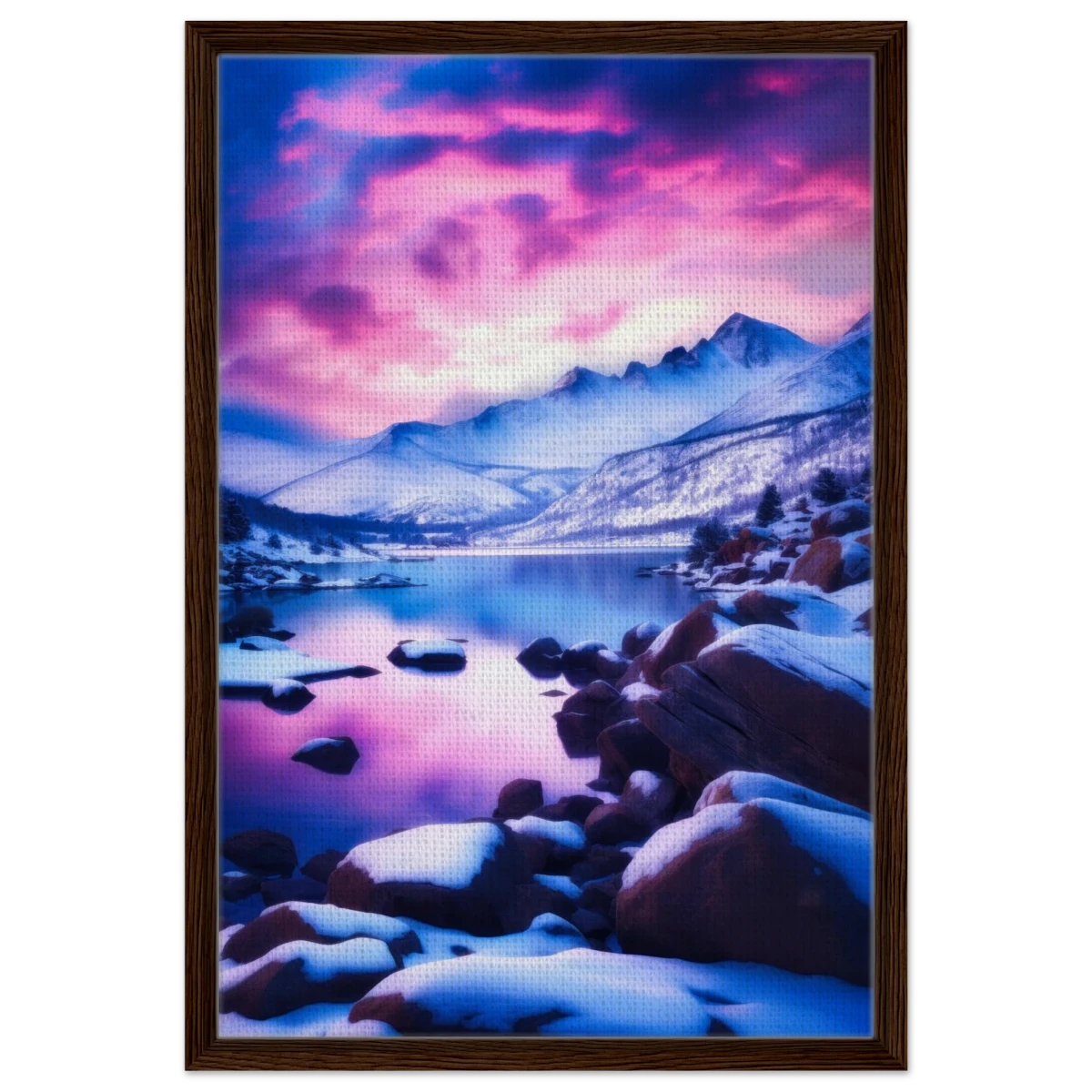 Twilight Serenity – Snowy Mountain Lake at Sunset | Wall Art Print - Framed Canvas - 50x75 cm / 20x30″ - Dark wood frame