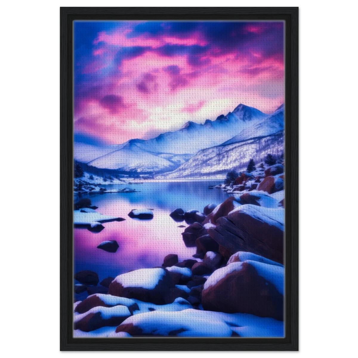 Twilight Serenity – Snowy Mountain Lake at Sunset | Wall Art Print - Framed Canvas - 40x60 cm / 16x24″ - Black frame