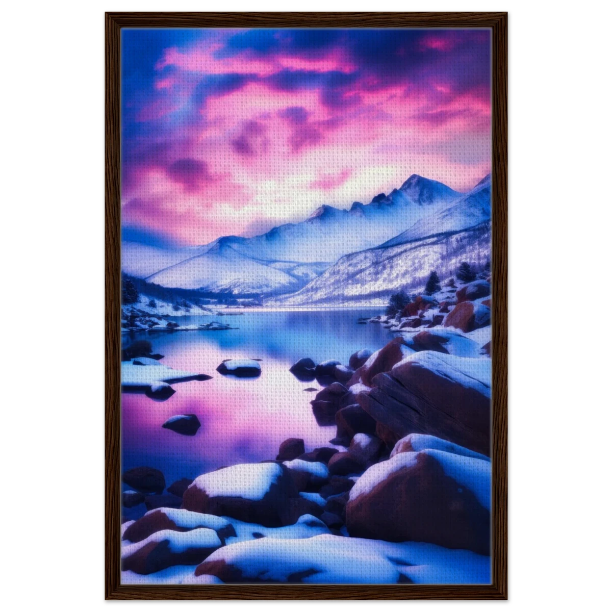 Twilight Serenity – Snowy Mountain Lake at Sunset | Wall Art Print - Framed Canvas - 60x90 cm / 24x36″ - Dark wood frame
