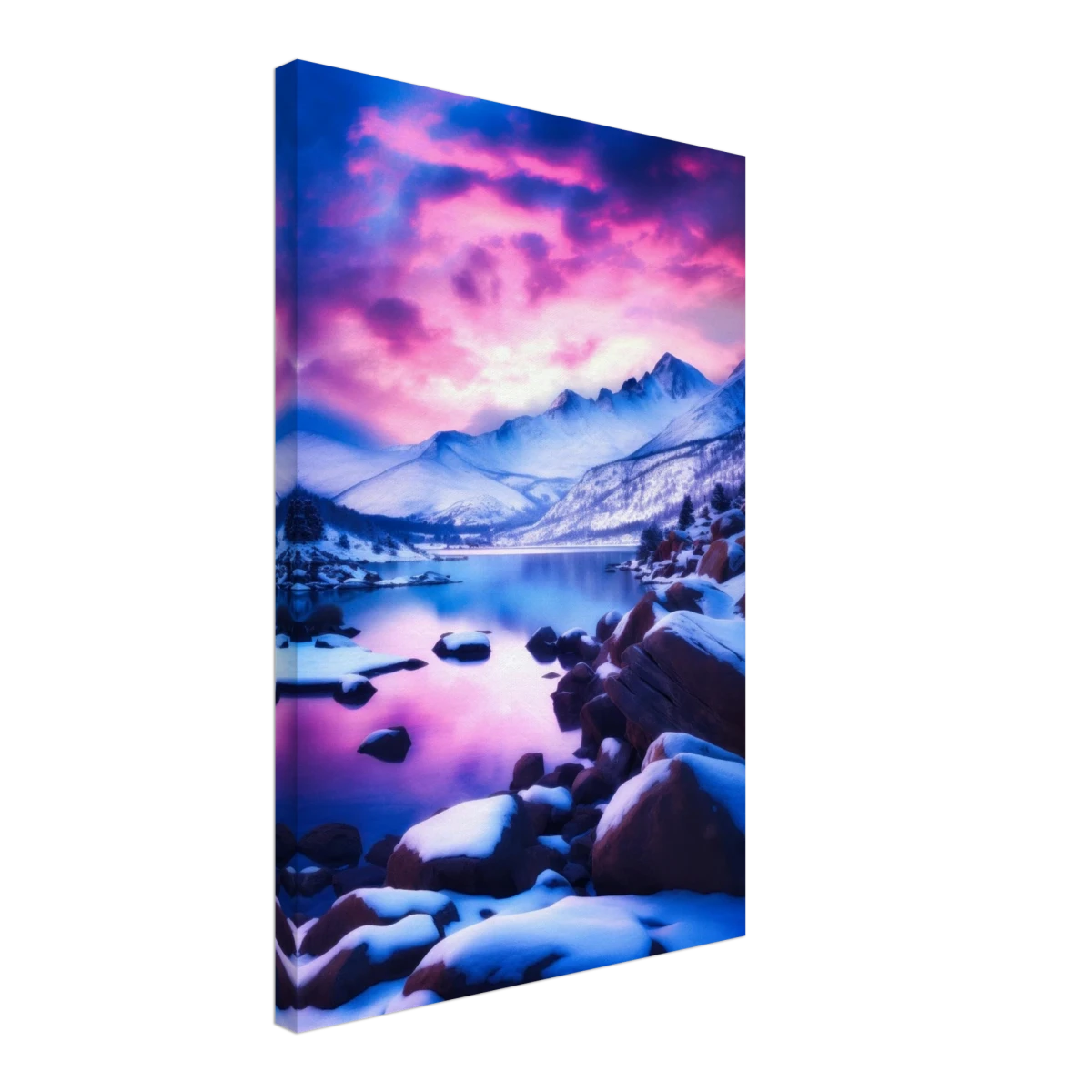 Twilight Serenity – Snowy Mountain Lake at Sunset | Wall Art Print - Canvas - 40x60 cm / 16x24″ -