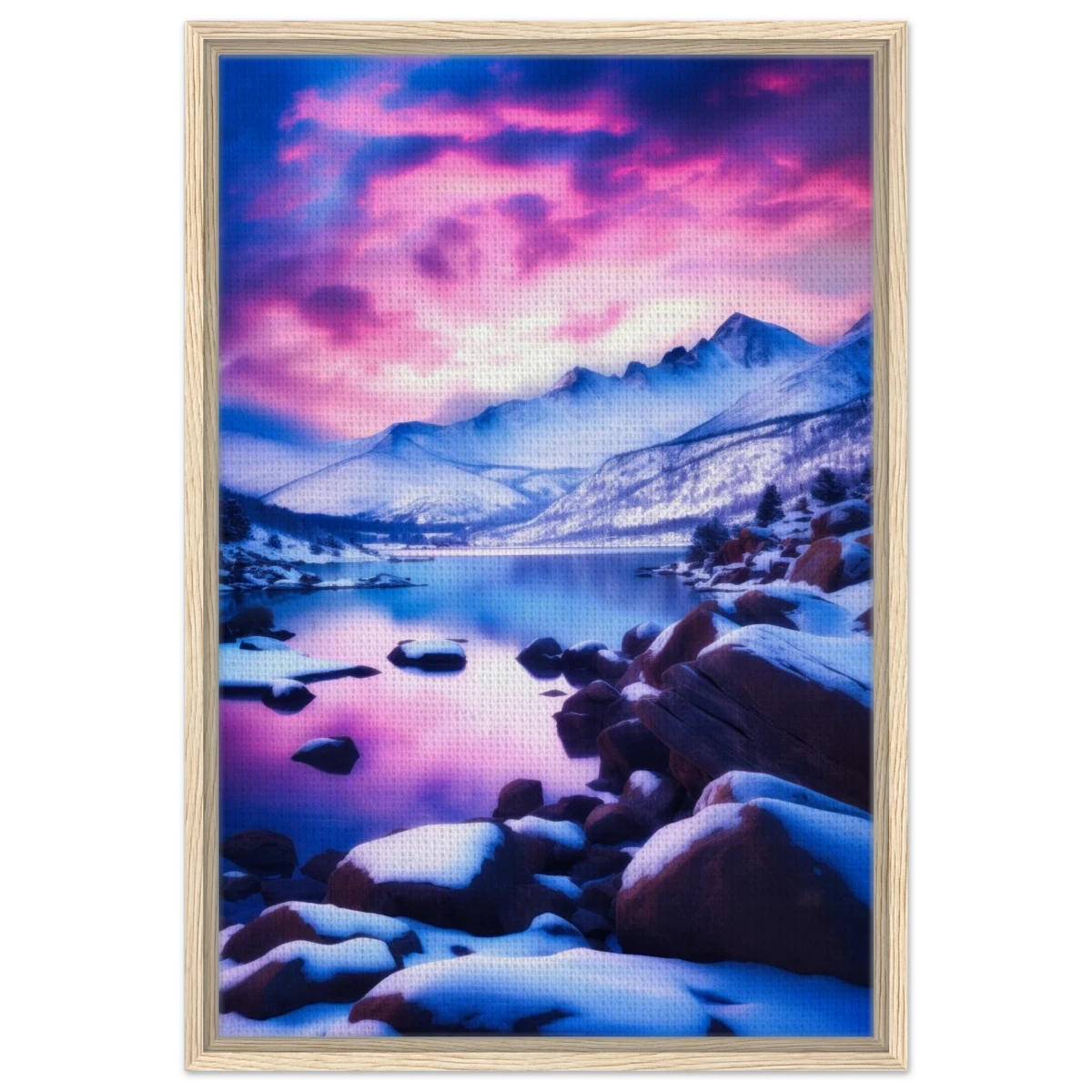 Twilight Serenity – Snowy Mountain Lake at Sunset | Wall Art Print - Framed Canvas - 50x75 cm / 20x30″ - Wood frame