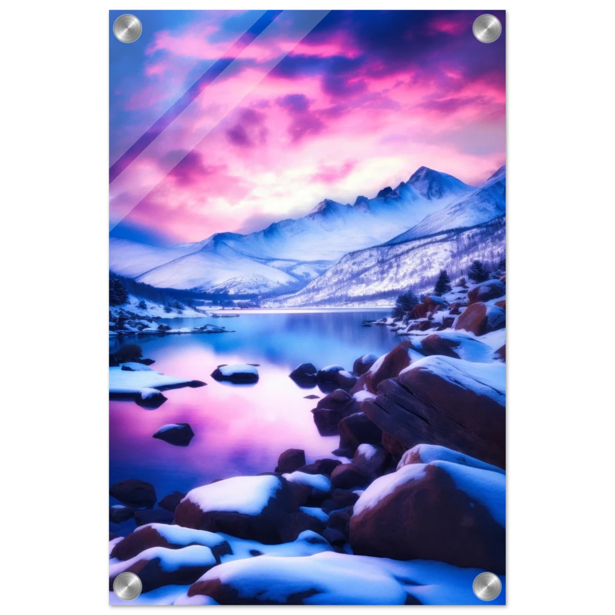 Twilight Serenity – Snowy Mountain Lake at Sunset | Wall Art Print - Acrylic Print - 30x45 cm / 12x18″ -