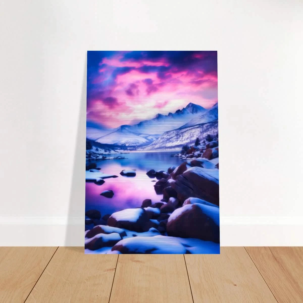 Twilight Serenity – Snowy Mountain Lake at Sunset | Wall Art Print - Brushed Aluminum Print - 30x45 cm / 12x18″ -