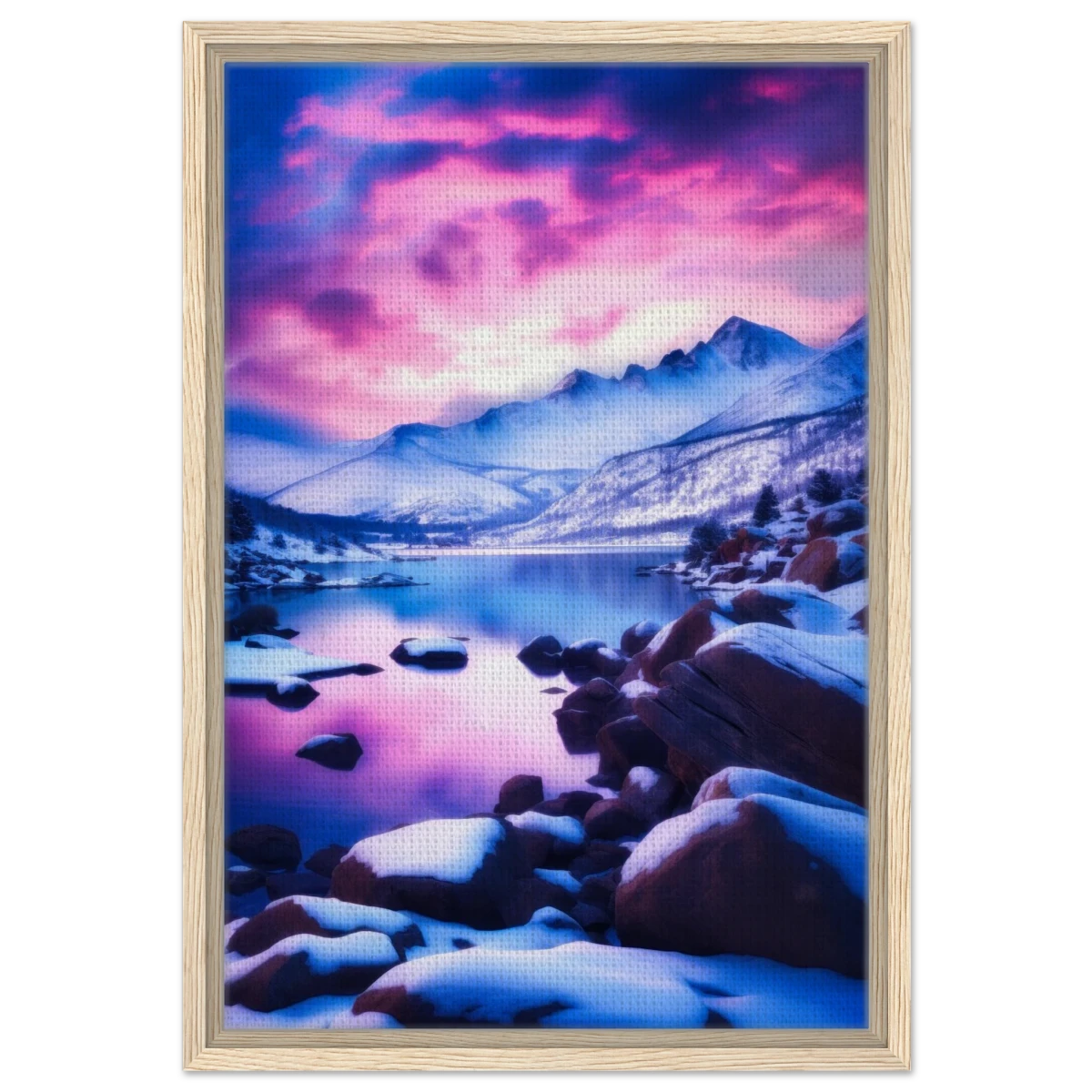 Twilight Serenity – Snowy Mountain Lake at Sunset | Wall Art Print - Framed Canvas - 40x60 cm / 16x24″ - Wood frame