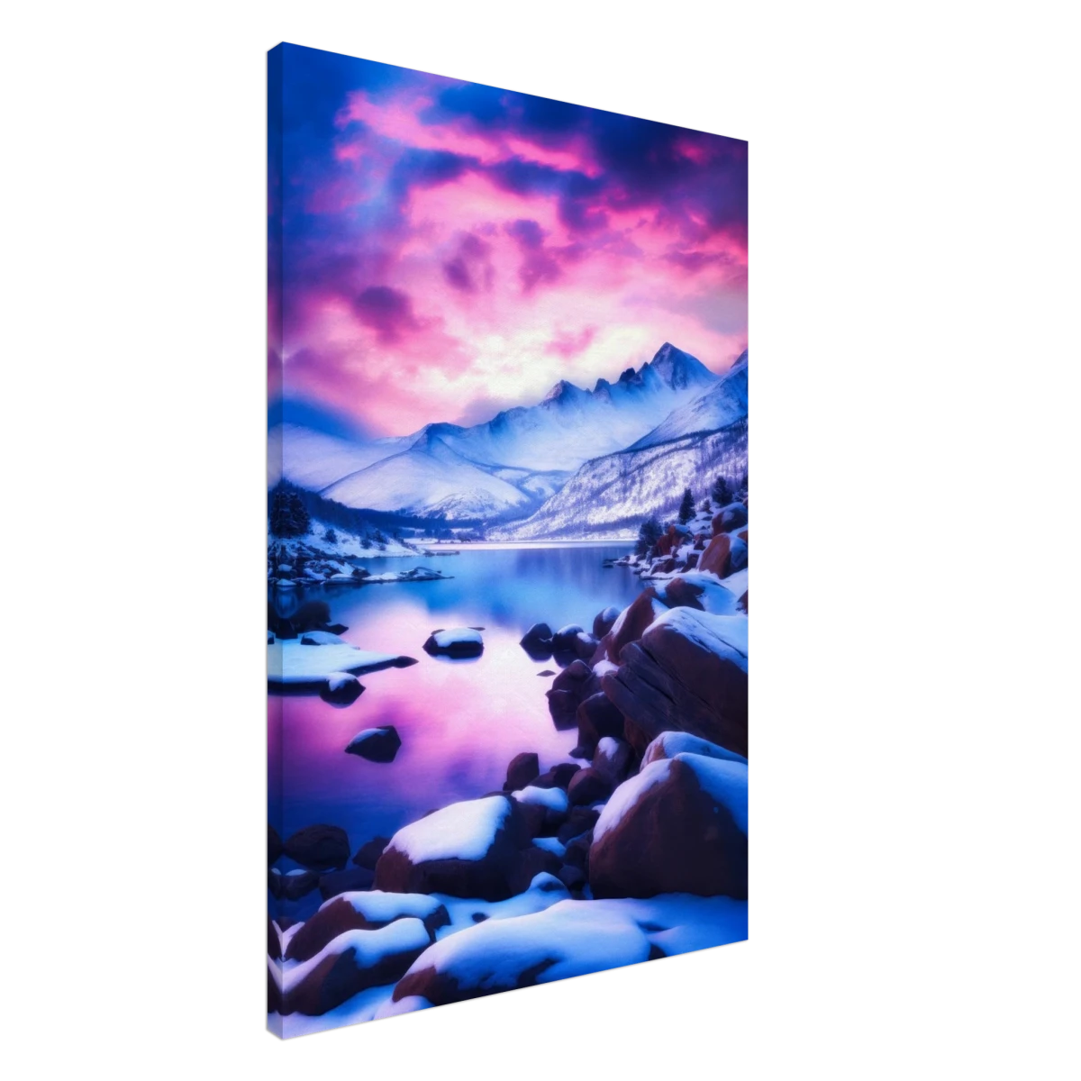 Twilight Serenity – Snowy Mountain Lake at Sunset | Wall Art Print - Canvas - 60x90 cm / 24x36″ -