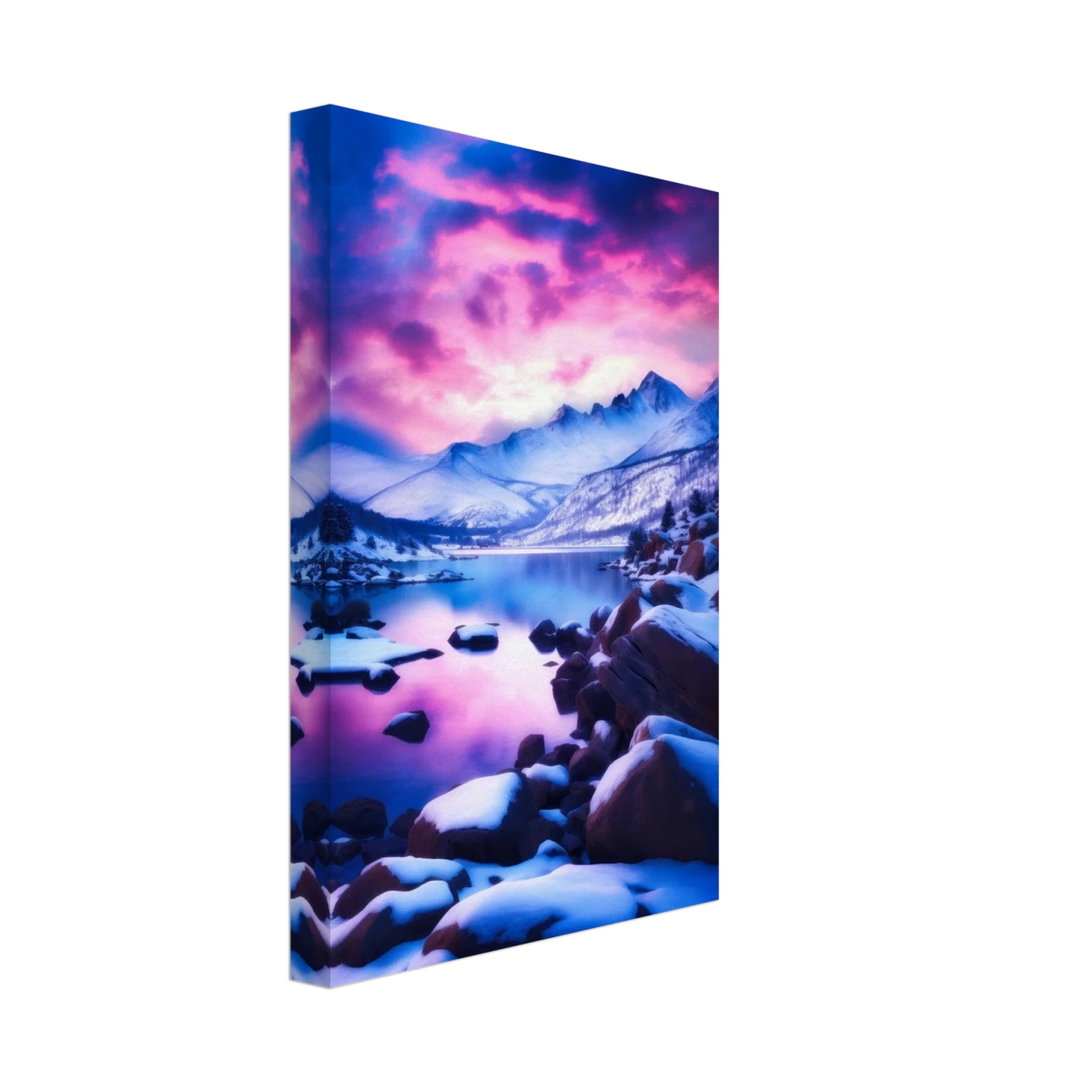 Twilight Serenity – Snowy Mountain Lake at Sunset | Wall Art Print - Canvas - 20x30 cm / 8x12″ -