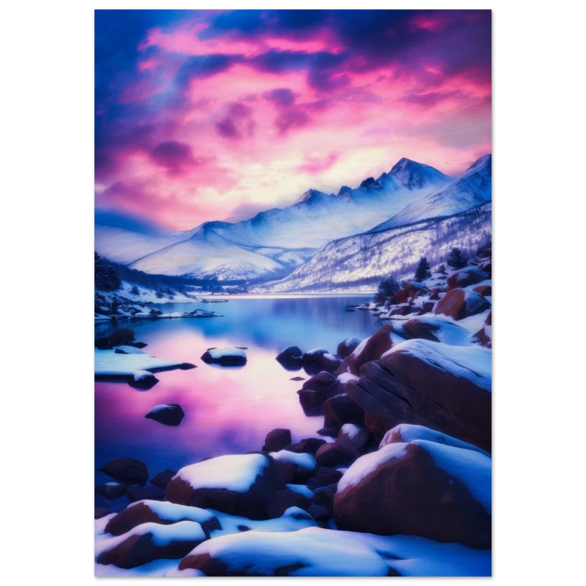 Twilight Serenity – Snowy Mountain Lake at Sunset | Wall Art Print - Wood Prints - 70x100 cm / 28x40″ -