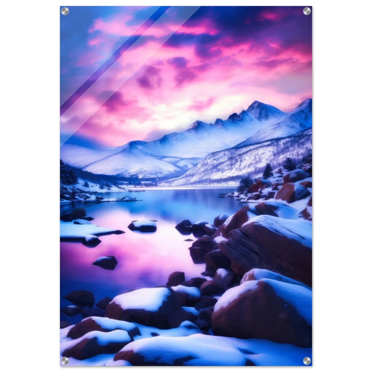 Twilight Serenity – Snowy Mountain Lake at Sunset | Wall Art Print - Acrylic Print - 70x100 cm / 28x40″ -