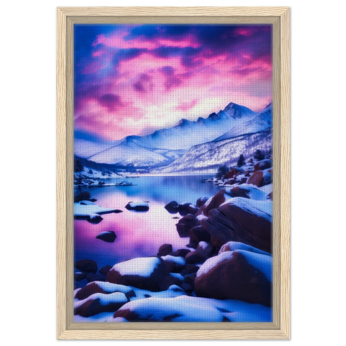 Twilight Serenity – Snowy Mountain Lake at Sunset | Wall Art Print - Framed Canvas - 30x45 cm / 12x18″ - Wood frame