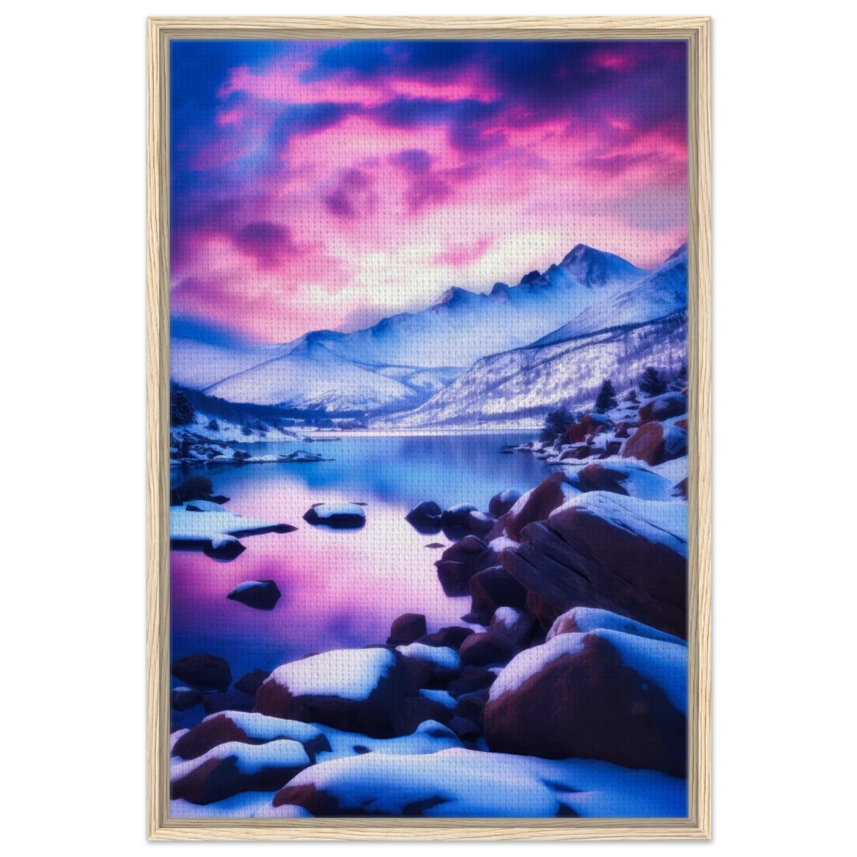 Twilight Serenity – Snowy Mountain Lake at Sunset | Wall Art Print - Framed Canvas - 60x90 cm / 24x36″ - Wood frame