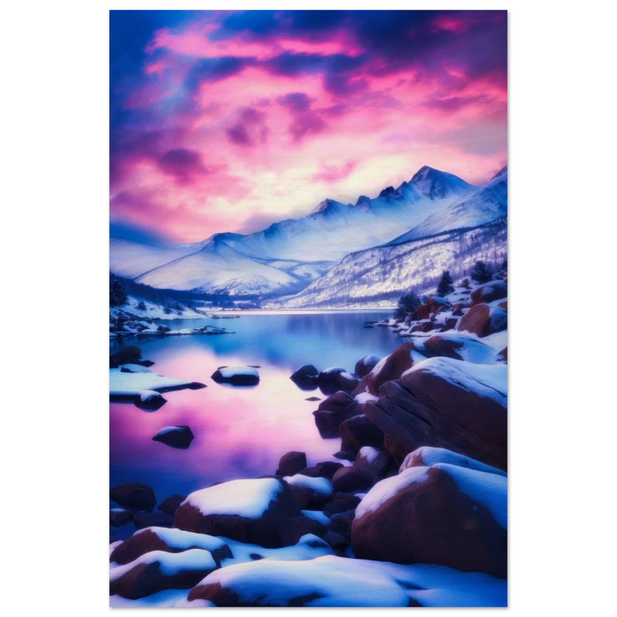 Twilight Serenity – Snowy Mountain Lake at Sunset | Wall Art Print - Wood Prints - 50x75 cm / 20x30″ -