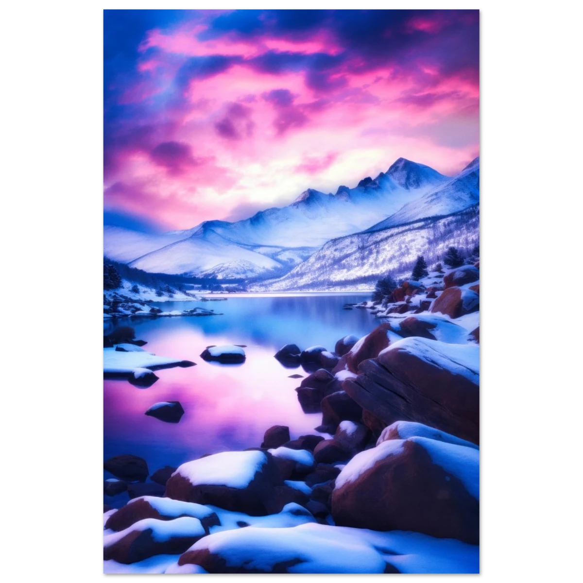 Twilight Serenity – Snowy Mountain Lake at Sunset | Wall Art Print - Fine Art Poster - 30x45 cm / 12x18″ -