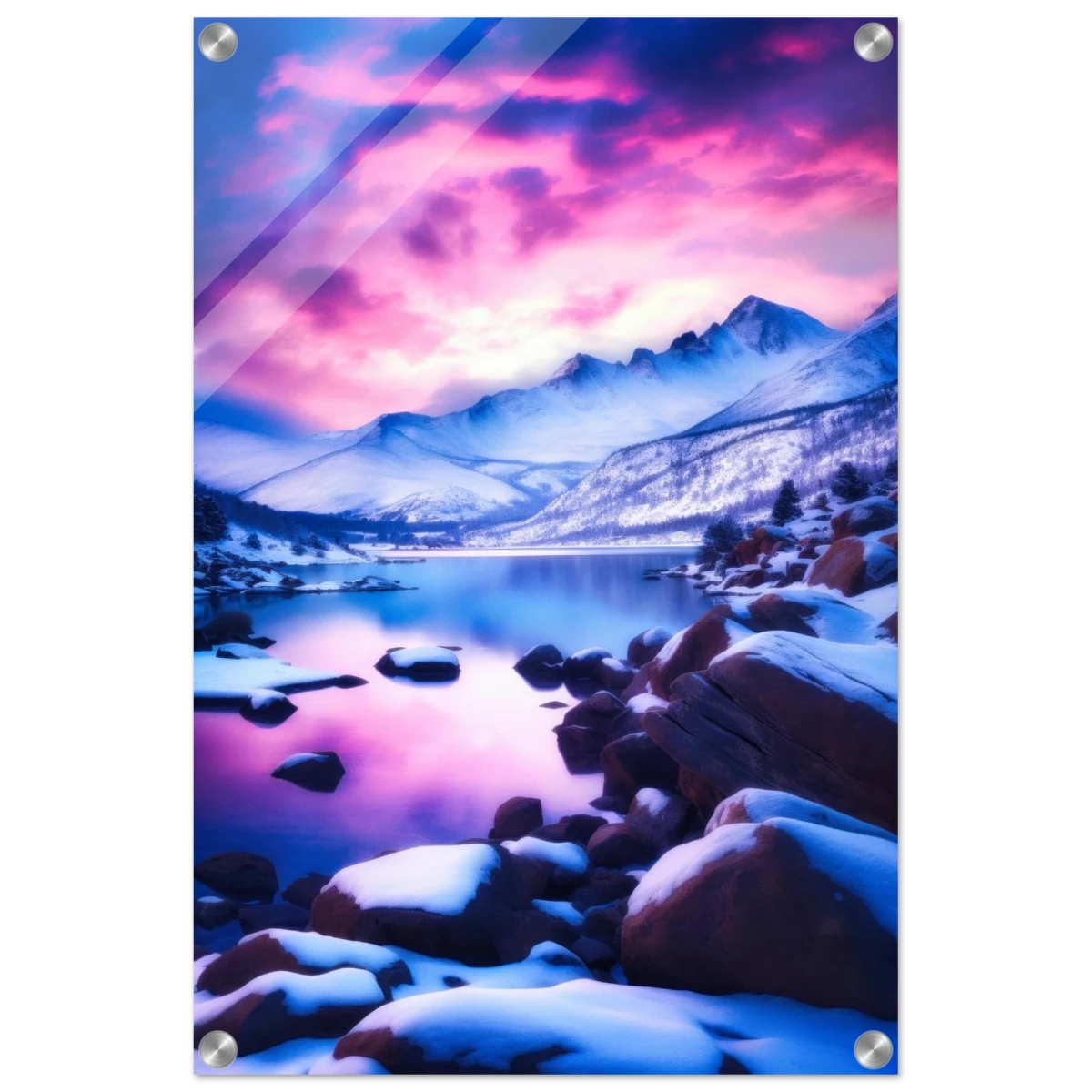 Twilight Serenity – Snowy Mountain Lake at Sunset | Wall Art Print - Acrylic Print - 40x60 cm / 16x24″ -