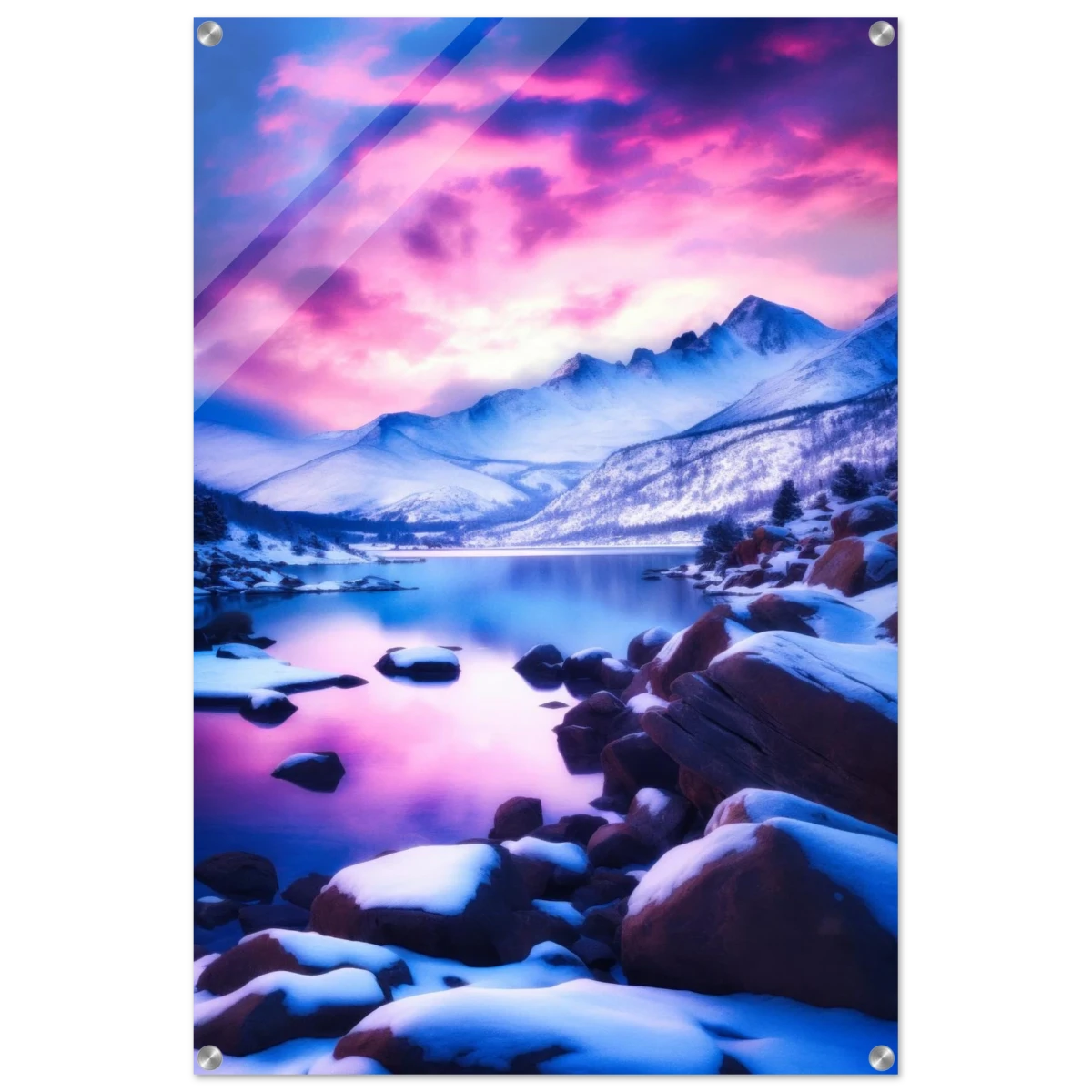 Twilight Serenity – Snowy Mountain Lake at Sunset | Wall Art Print - Acrylic Print - 60x90 cm / 24x36″ -