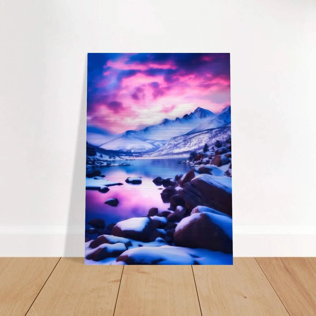 Twilight Serenity – Snowy Mountain Lake at Sunset | Wall Art Print - Brushed Aluminum Print - 70x100 cm / 28x40″ -
