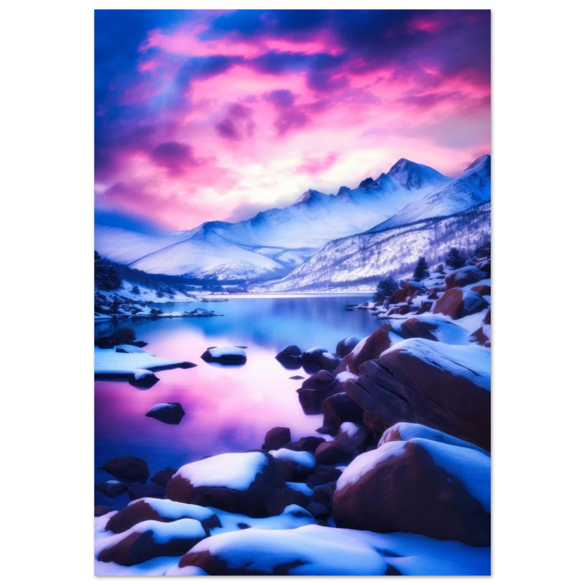 Twilight Serenity – Snowy Mountain Lake at Sunset | Wall Art Print - Fine Art Poster - 70x100 cm / 28x40″ -