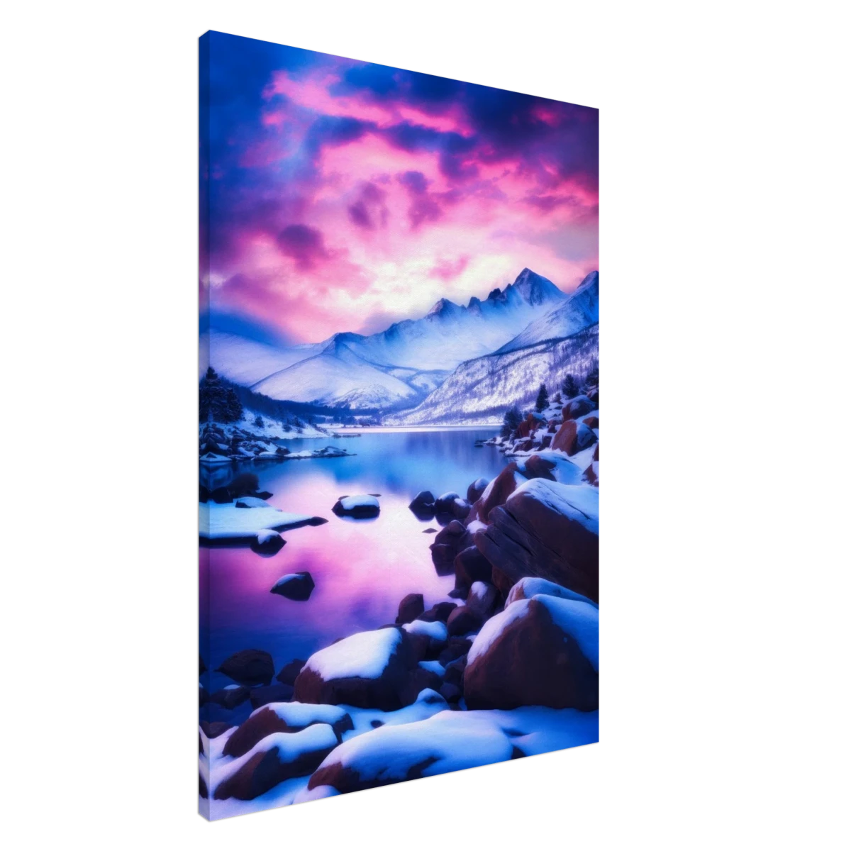 Twilight Serenity – Snowy Mountain Lake at Sunset | Wall Art Print - Canvas - 70x100 cm / 28x40″ -