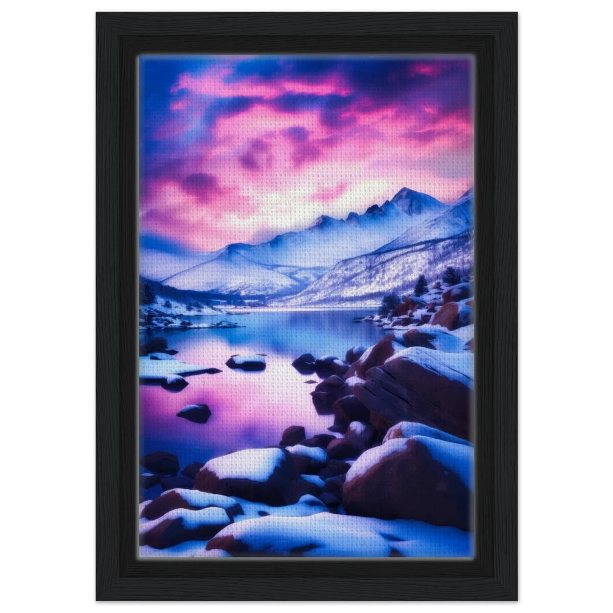 Twilight Serenity – Snowy Mountain Lake at Sunset | Wall Art Print - Framed Canvas - 20x30 cm / 8x12″ - Black frame