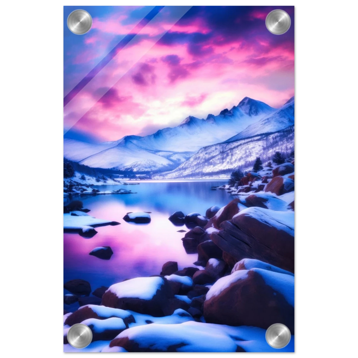 Twilight Serenity – Snowy Mountain Lake at Sunset | Wall Art Print - Acrylic Print - 20x30 cm / 8x12″ -