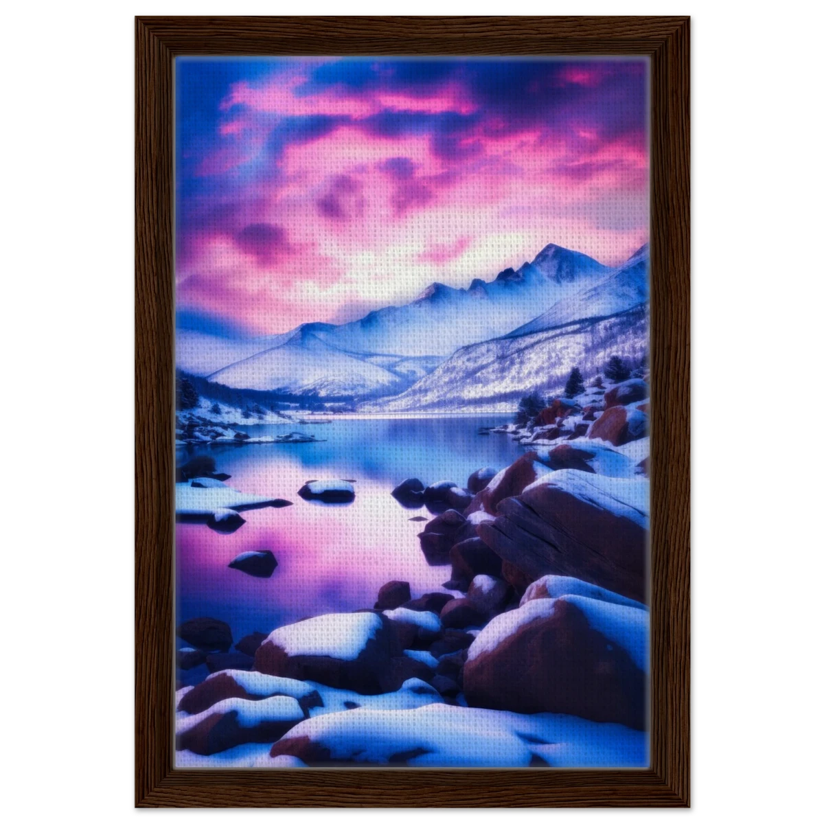 Twilight Serenity – Snowy Mountain Lake at Sunset | Wall Art Print - Framed Canvas - 30x45 cm / 12x18″ - Dark wood frame