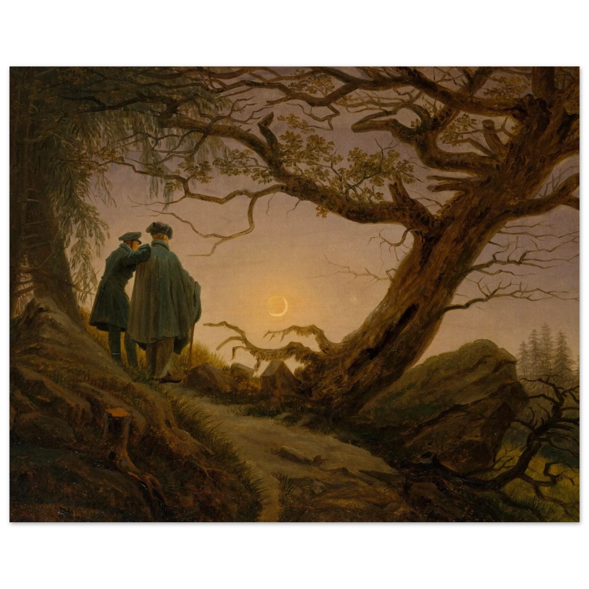 Two Men Contemplating the Moon by Caspar David Friedrich | Romantic Landscape Wall Art Print - Wood Prints - 40x50 cm / 16x20″ -