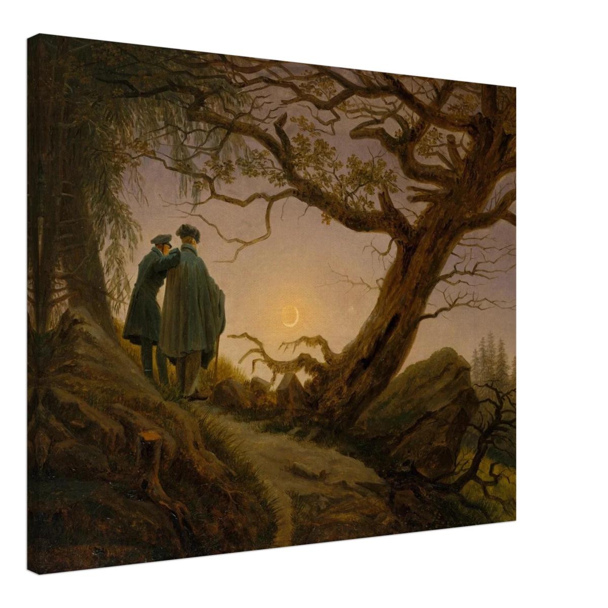 Two Men Contemplating the Moon by Caspar David Friedrich | Romantic Landscape Wall Art Print - Canvas - 60x75 cm / 24x30″ -
