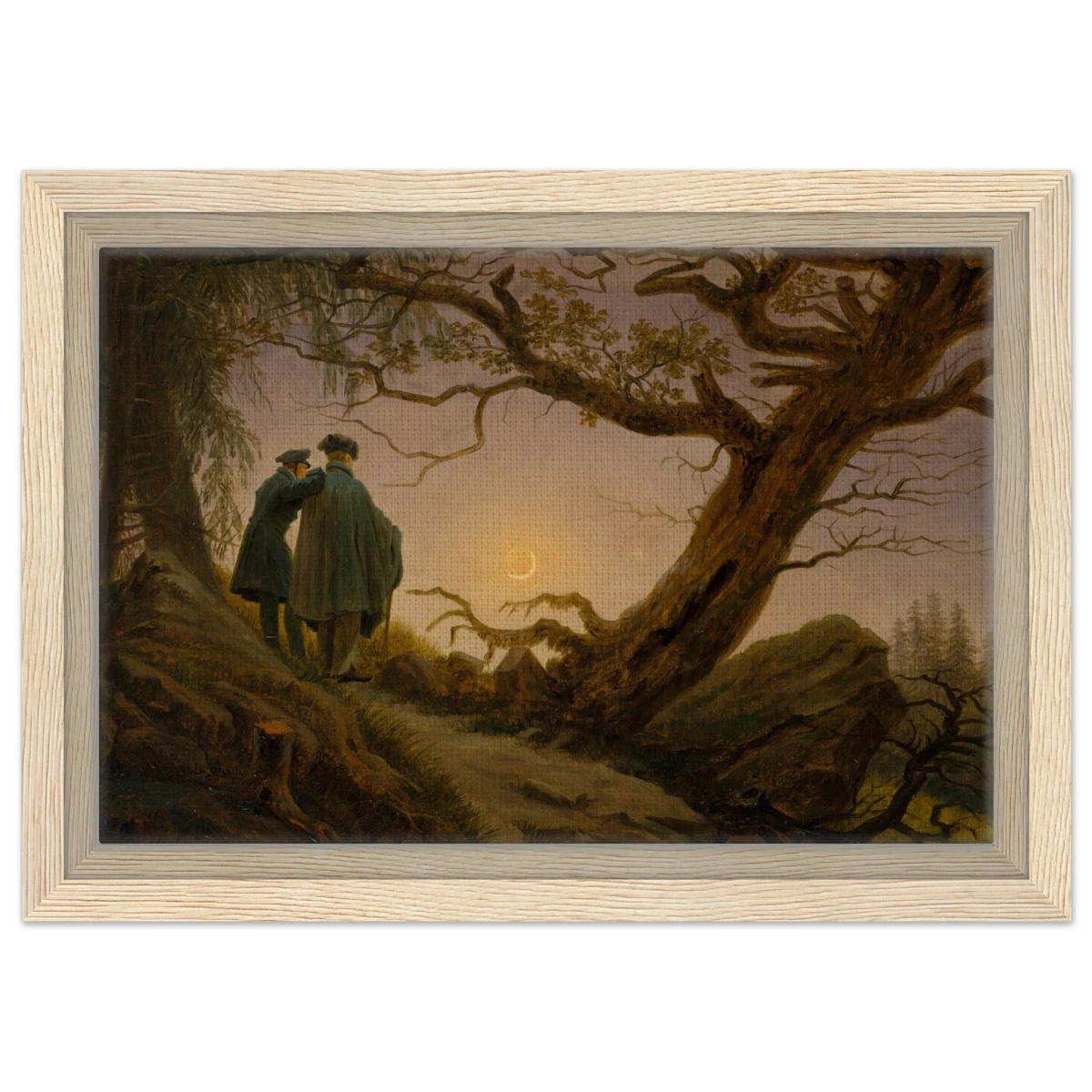Two Men Contemplating the Moon by Caspar David Friedrich | Romantic Landscape Wall Art Print - Framed Canvas - 20x30 cm / 8x12″ - Wood frame