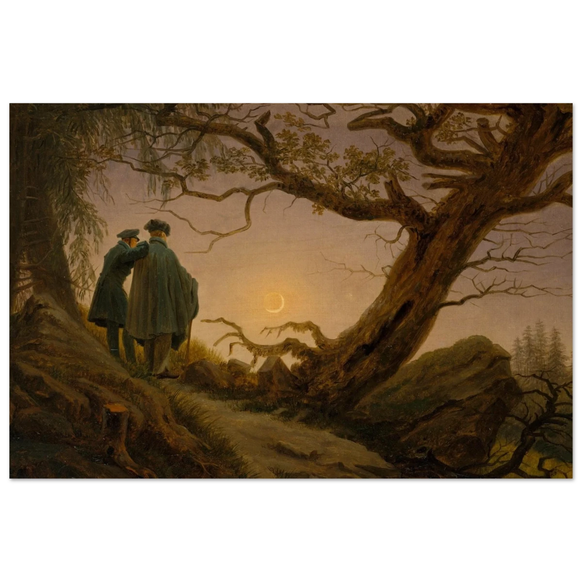 Two Men Contemplating the Moon by Caspar David Friedrich | Romantic Landscape Wall Art Print - Wood Prints - 20x30 cm / 8x12″ -