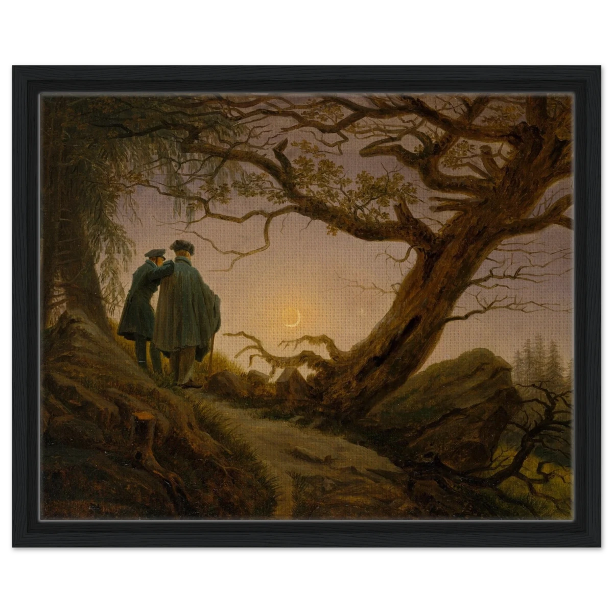 Two Men Contemplating the Moon by Caspar David Friedrich | Romantic Landscape Wall Art Print - Framed Canvas - 40x50 cm / 16x20″ - Black frame