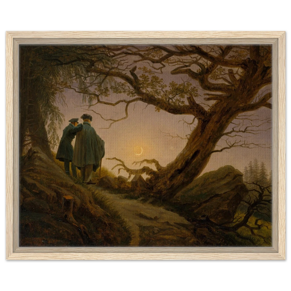 Two Men Contemplating the Moon by Caspar David Friedrich | Romantic Landscape Wall Art Print - Framed Canvas - 40x50 cm / 16x20″ - Wood frame