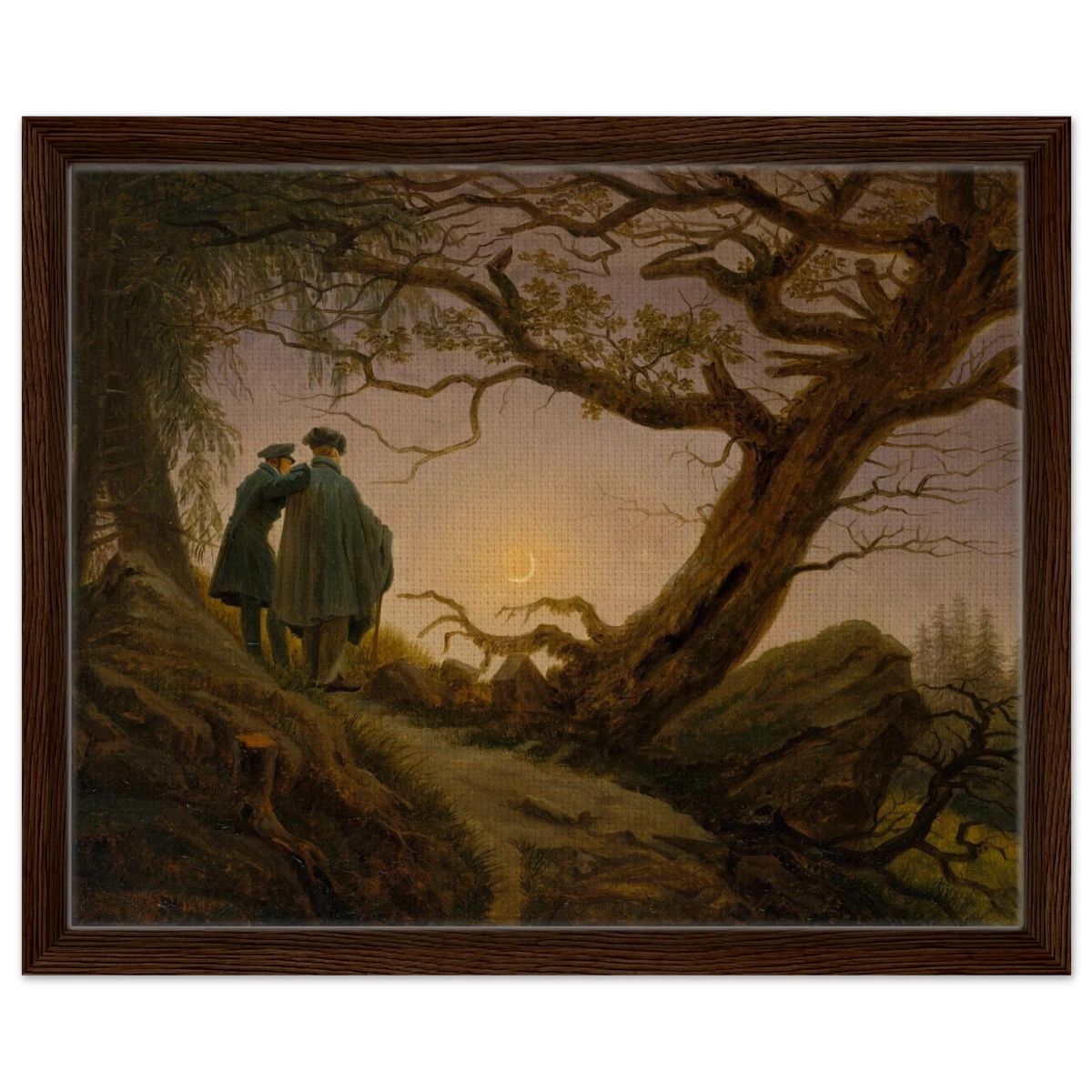 Two Men Contemplating the Moon by Caspar David Friedrich | Romantic Landscape Wall Art Print - Framed Canvas - 40x50 cm / 16x20″ - Dark wood frame