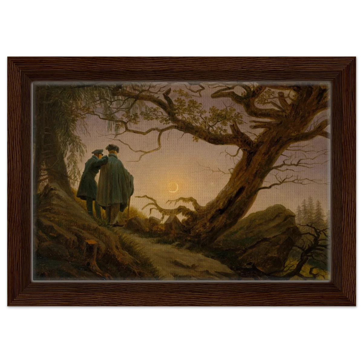 Two Men Contemplating the Moon by Caspar David Friedrich | Romantic Landscape Wall Art Print - Framed Canvas - 20x30 cm / 8x12″ - Dark wood frame