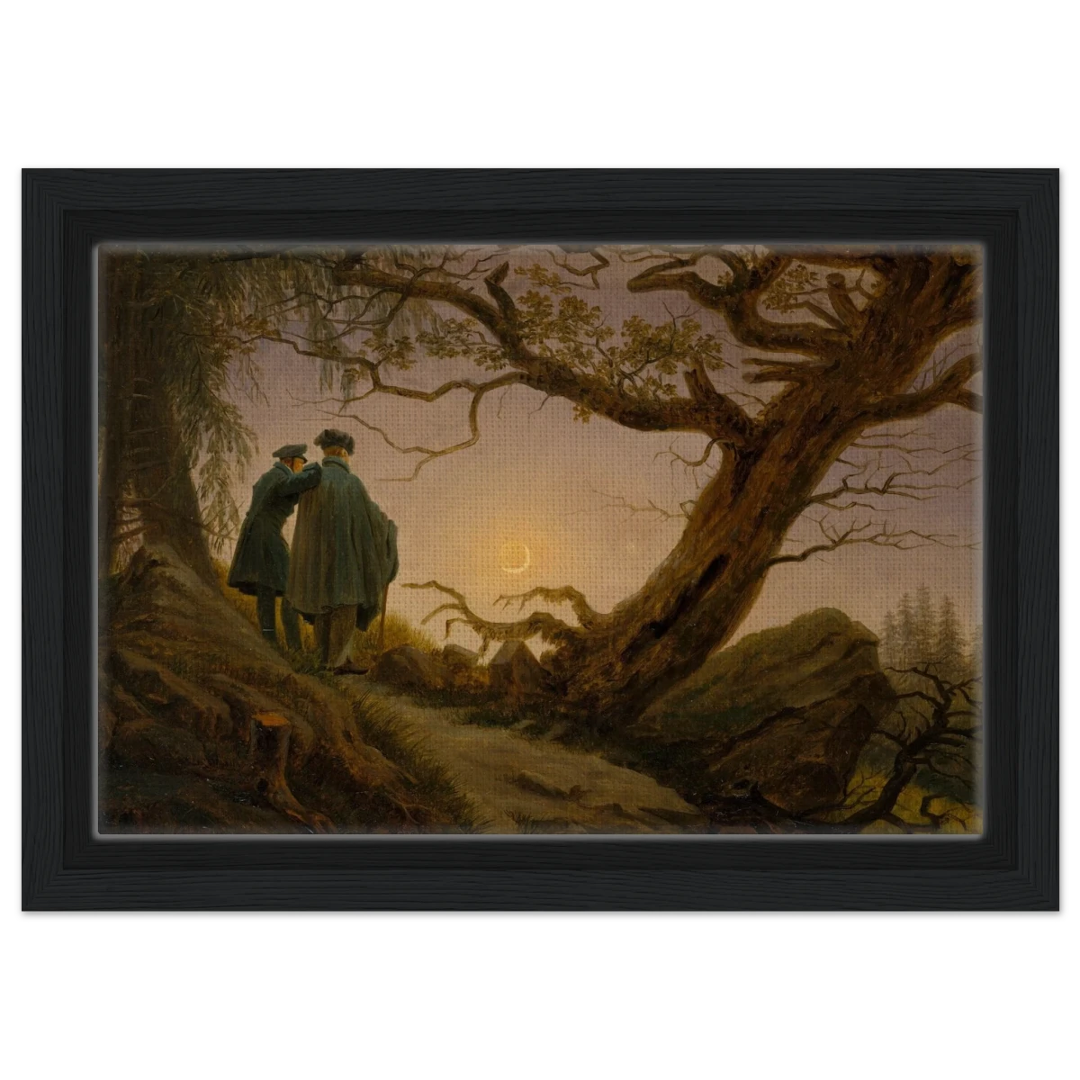 Two Men Contemplating the Moon by Caspar David Friedrich | Romantic Landscape Wall Art Print - Framed Canvas - 20x30 cm / 8x12″ - Black frame