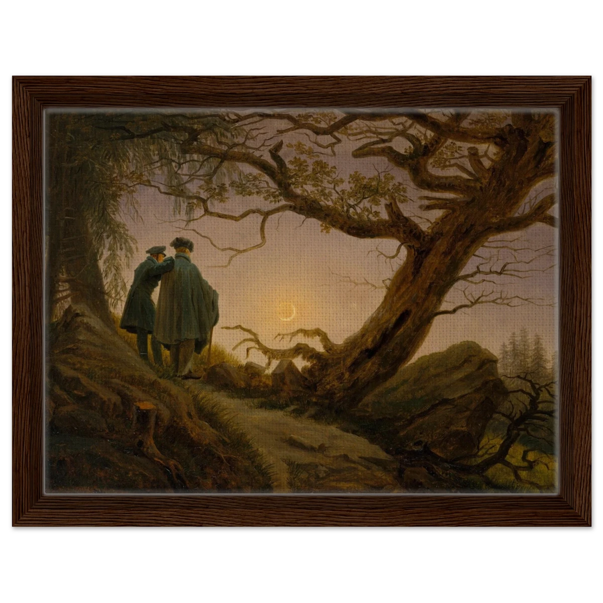 Two Men Contemplating the Moon by Caspar David Friedrich | Romantic Landscape Wall Art Print - Framed Canvas - 30x40 cm / 12x16″ - Dark wood frame