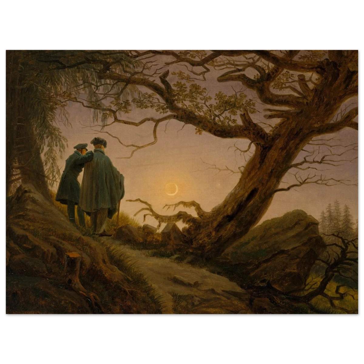 Two Men Contemplating the Moon by Caspar David Friedrich | Romantic Landscape Wall Art Print - Wood Prints - 30x40 cm / 12x16″ -