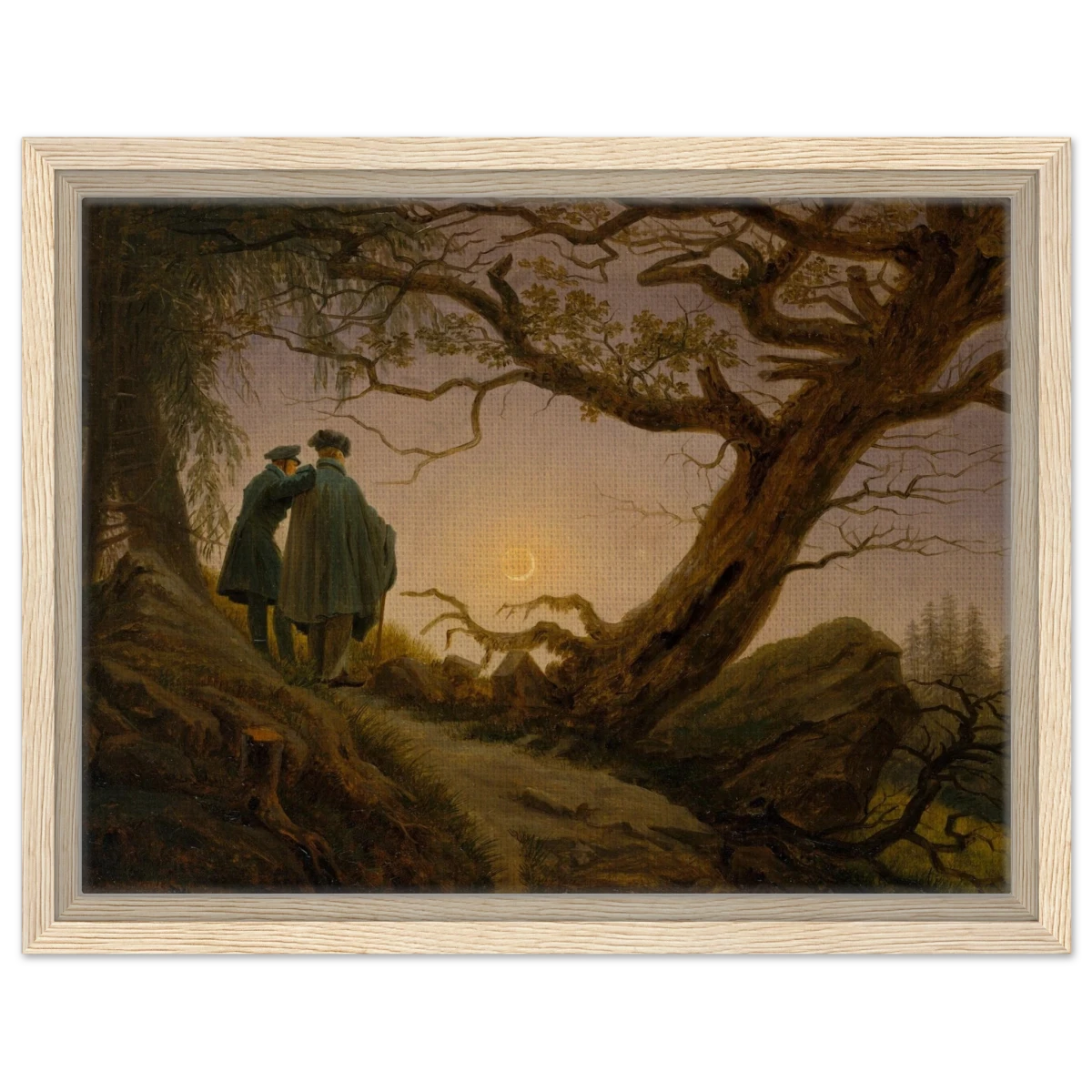 Two Men Contemplating the Moon by Caspar David Friedrich | Romantic Landscape Wall Art Print - Framed Canvas - 30x40 cm / 12x16″ - Wood frame