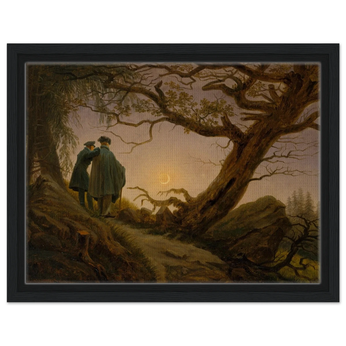 Two Men Contemplating the Moon by Caspar David Friedrich | Romantic Landscape Wall Art Print - Framed Canvas - 30x40 cm / 12x16″ - Black frame