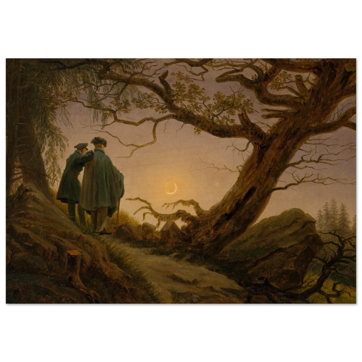 Two Men Contemplating the Moon by Caspar David Friedrich | Romantic Landscape Wall Art Print - Wood Prints - 70x100 cm / 28x40″ -