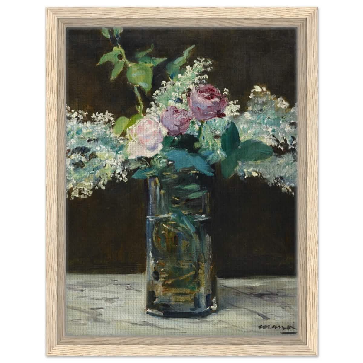 Vase of White Lilacs and Roses (1883) by Edouard Manet | wall art print - 30x40 cm / 12x16″ - Framed Canvas - Wood frame