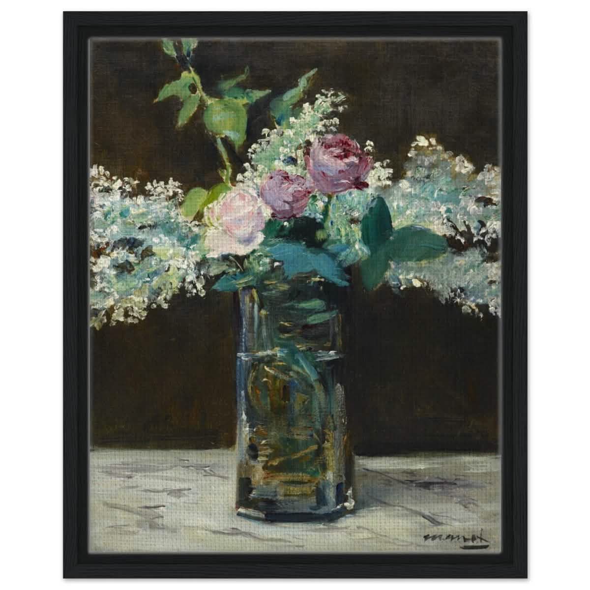 Vase of White Lilacs and Roses (1883) by Edouard Manet | wall art print - 40x50 cm / 16x20″ - Framed Canvas - Black frame