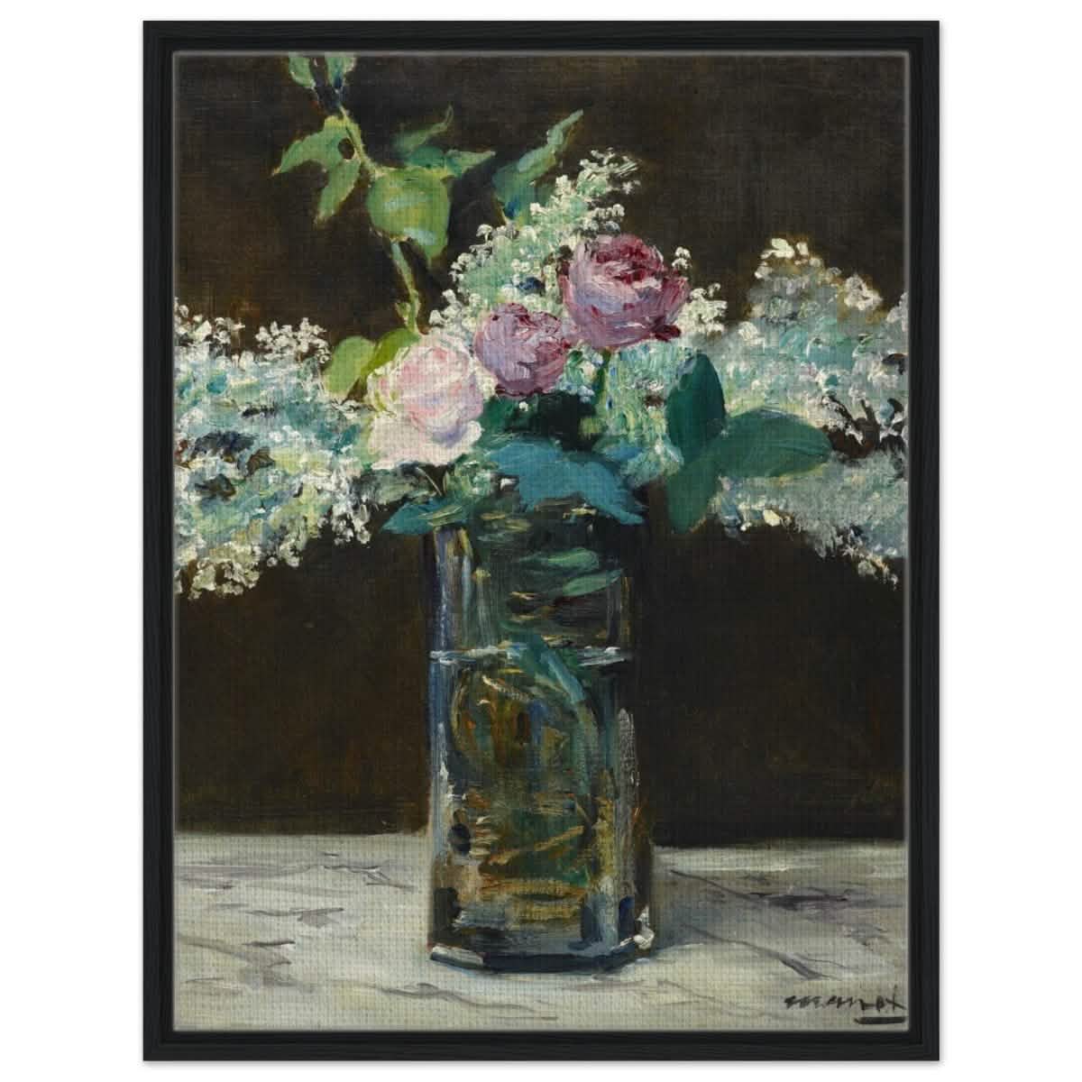 Vase of White Lilacs and Roses (1883) by Edouard Manet | wall art print - 60x80 cm / 24x32″ - Framed Canvas - Black frame
