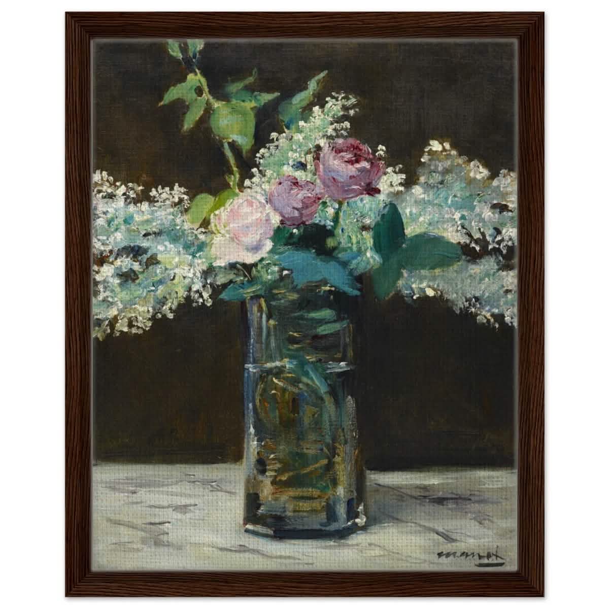 Vase of White Lilacs and Roses (1883) by Edouard Manet | wall art print - 40x50 cm / 16x20″ - Framed Canvas - Dark wood frame
