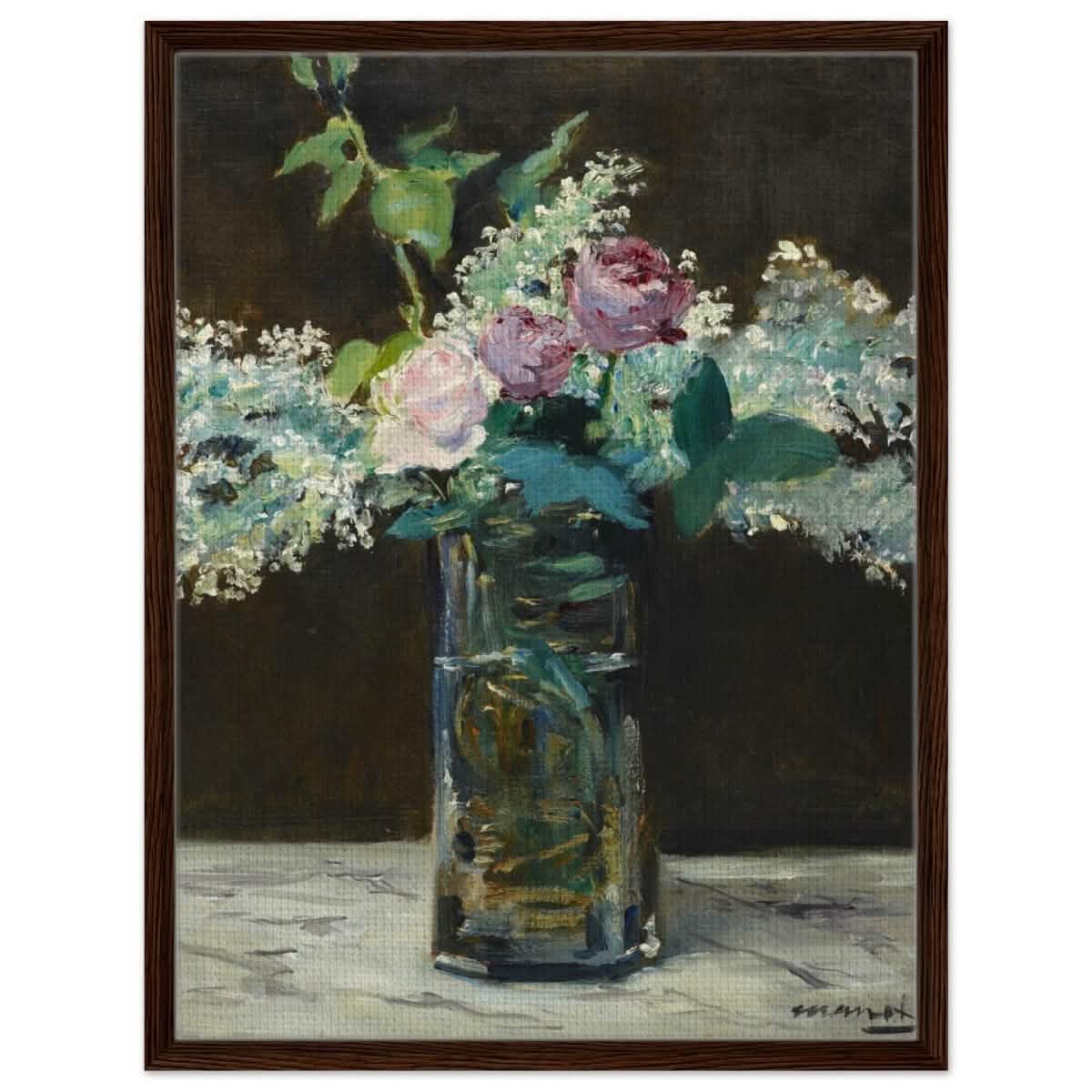 Vase of White Lilacs and Roses (1883) by Edouard Manet | wall art print - 60x80 cm / 24x32″ - Framed Canvas - Dark wood frame
