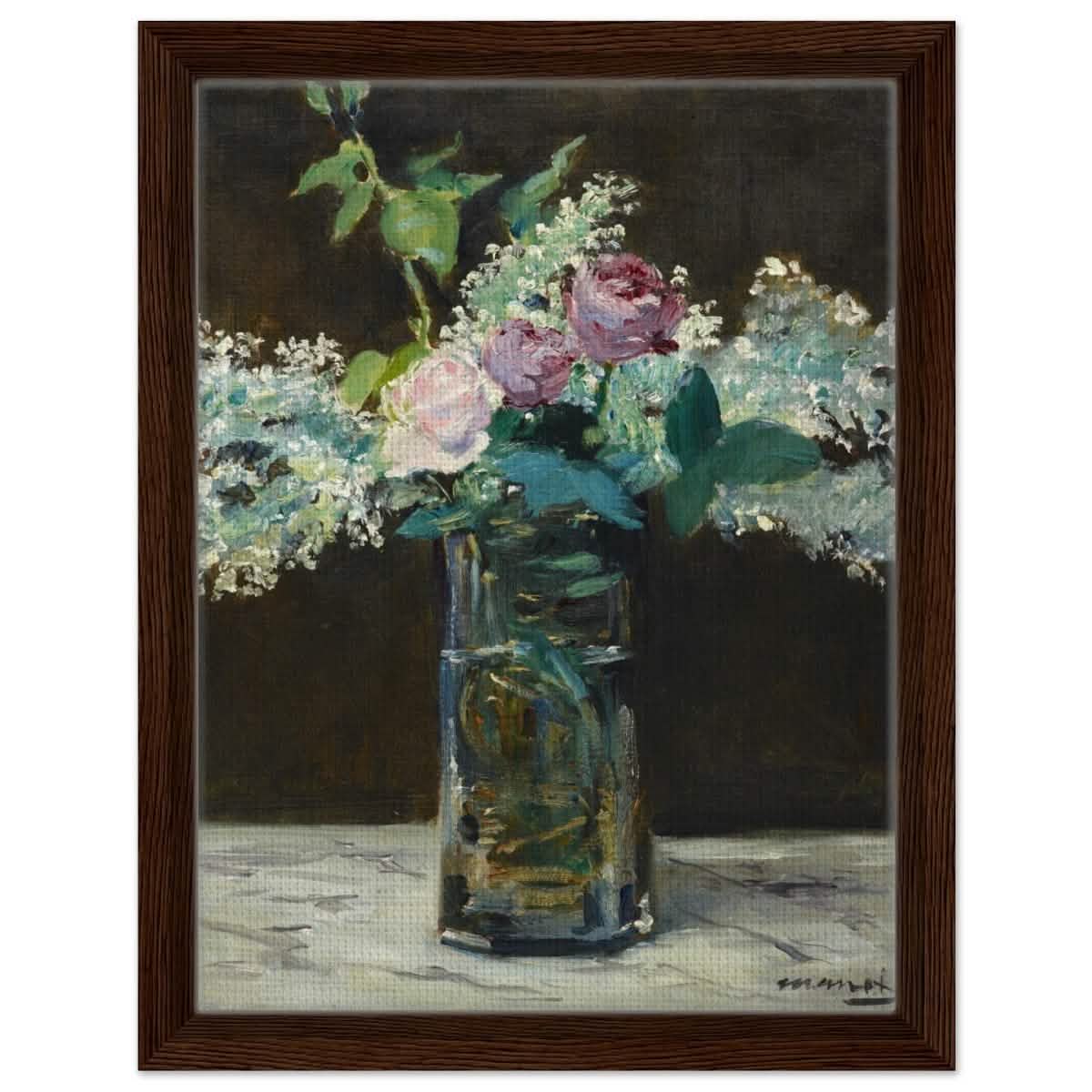 Vase of White Lilacs and Roses (1883) by Edouard Manet | wall art print - 30x40 cm / 12x16″ - Framed Canvas - Dark wood frame