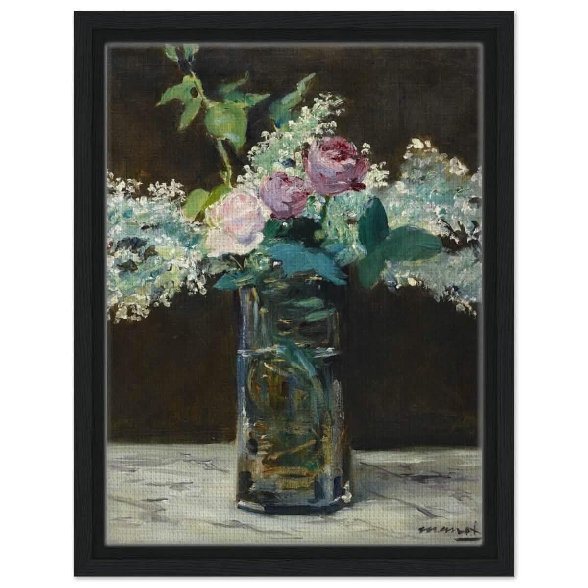 Vase of White Lilacs and Roses (1883) by Edouard Manet | wall art print - 30x40 cm / 12x16″ - Framed Canvas - Black frame