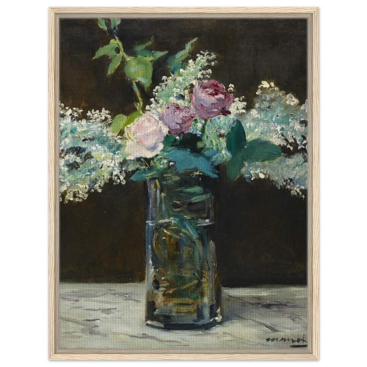 Vase of White Lilacs and Roses (1883) by Edouard Manet | wall art print - 60x80 cm / 24x32″ - Framed Canvas - Wood frame