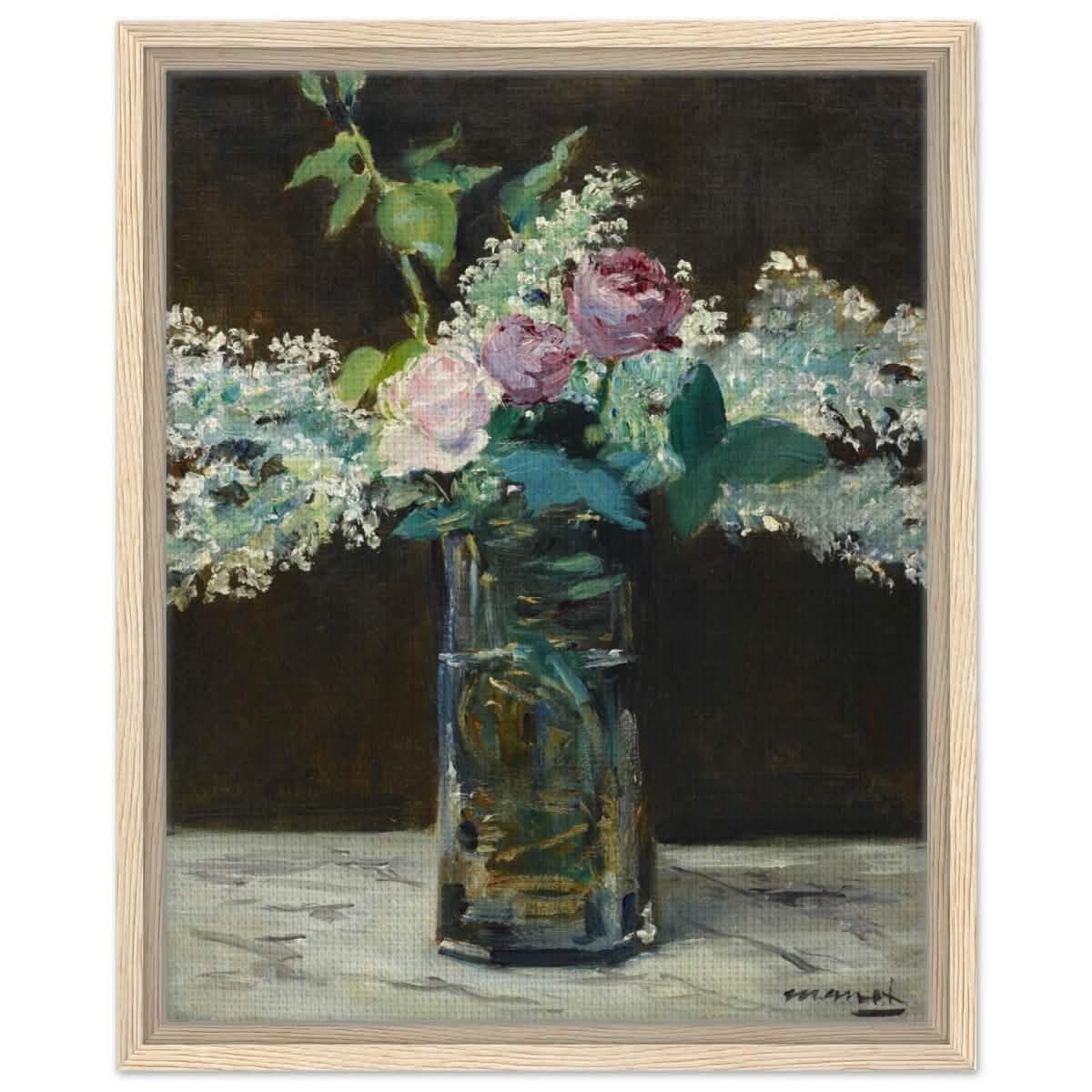 Vase of White Lilacs and Roses (1883) by Edouard Manet | wall art print - 40x50 cm / 16x20″ - Framed Canvas - Wood frame