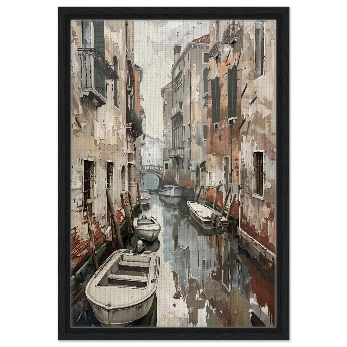 Venetian Canal Serenity – Gondola Boats Wall Art Print - Framed Canvas - 40x60 cm / 16x24″ - Black frame