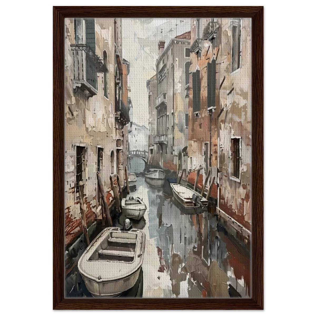 Venetian Canal Serenity – Gondola Boats Wall Art Print - Framed Canvas - 40x60 cm / 16x24″ - Dark wood frame