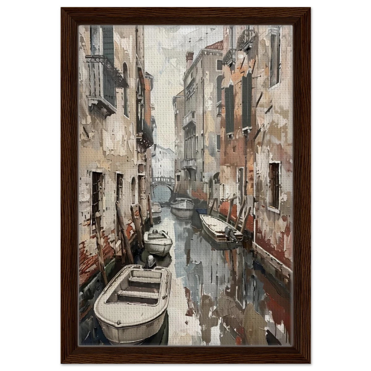Venetian Canal Serenity – Gondola Boats Wall Art Print - Framed Canvas - 30x45 cm / 12x18″ - Dark wood frame